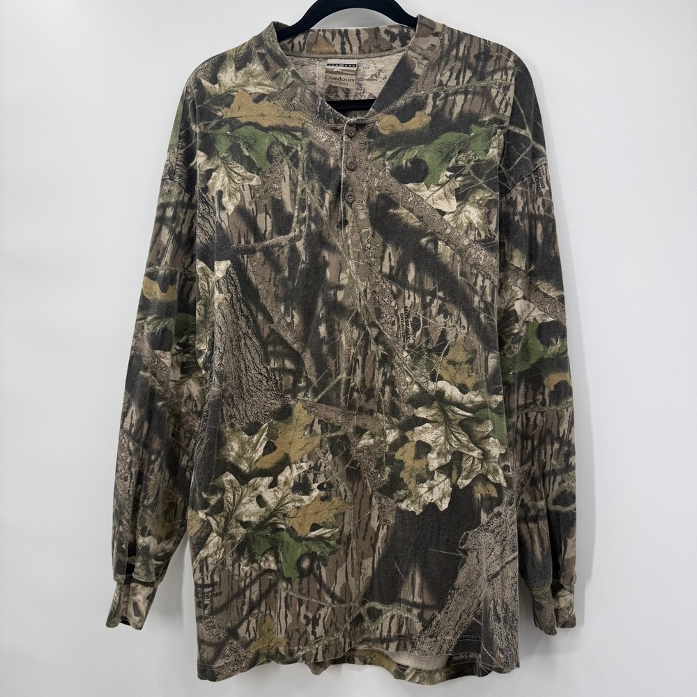 Jerzees Outdoors Mens XL Henley Shirt Camo Green Mossy Oak Break-Up Long Sleeve